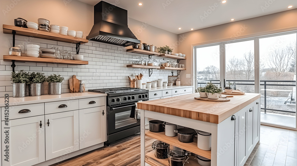 Fototapeta premium Bright kitchen with a black stove white cabinets and wood countertops Shelves showcase dishware potted plants and u