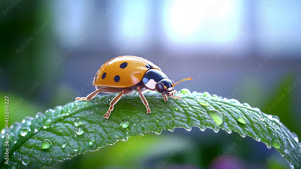 Obraz premium Vibrant ladybug on leaf macro shot with water droplets