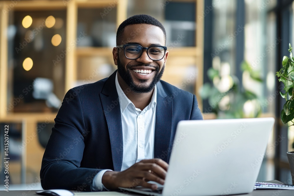 Smiling man in suit using laptop in office environment with blurred background. Smiling man in suit using laptop in office environment with blurred background.