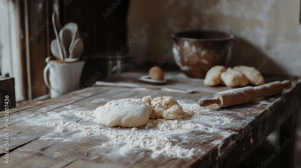 A rustic wooden table covered in flour with a rolling pin and fresh dough ready to be shaped, cozy and artisanal. A rustic wooden table covered in flour with a rolling pin and fresh dough ready to be shaped, cozy and artisanal.