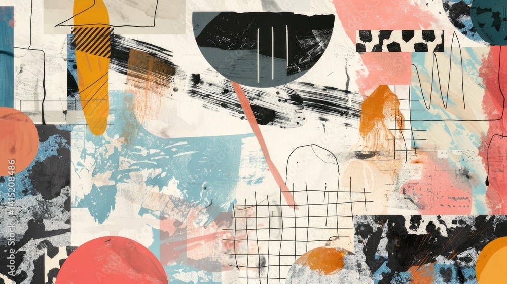 Fototapeta premium Vibrant abstract composition with colorful geometric shapes, dots, lines and stripes with textured paint brushstrokes background