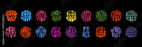 Vibrant retro words for positivity and motivation in groovy 60s style