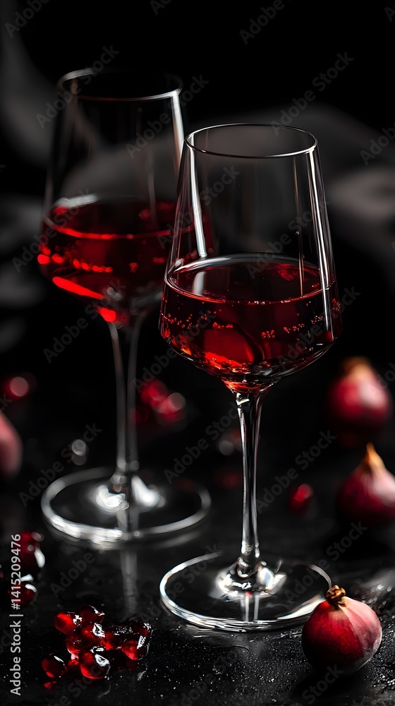Elegant Red Beverage in Glasses Surrounded by Fresh Fruits and Berries Elegant Red Beverage in Glasses Surrounded by Fresh Fruits and Berries