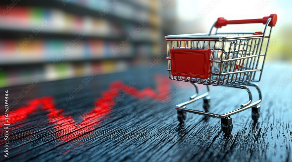 Miniature shopping cart on dark wooden table with red arrow graph indicating price increase against blurred shelves. Miniature shopping cart on dark wooden table with red arrow graph indicating price increase against blurred shelves.