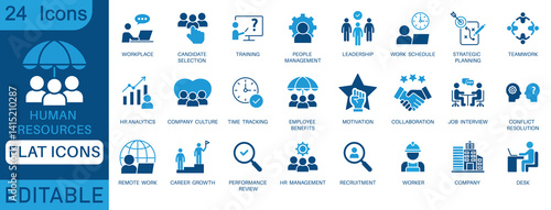Human resources flat icons set for business, recruitment, teamwork, leadership, performance, training, feedback, analytics, survey, employee management. Editable vector symbols.