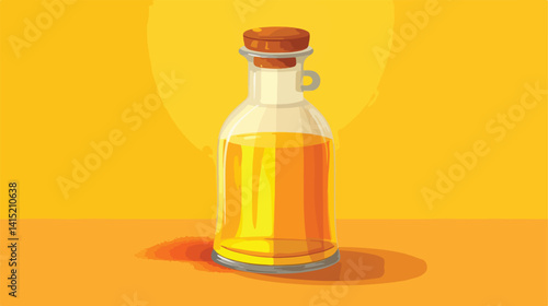 Vibrant Bottle of Oil and Turmeric Powder on Yellow Background for Culinary Concept