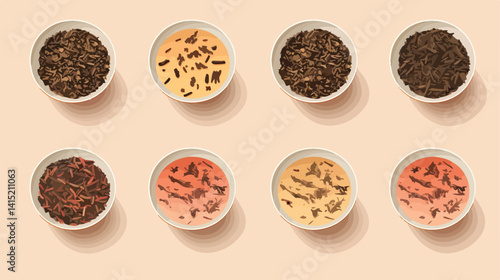 Assorted Bowls with Dry Tea Leaves on Light Colored Background
