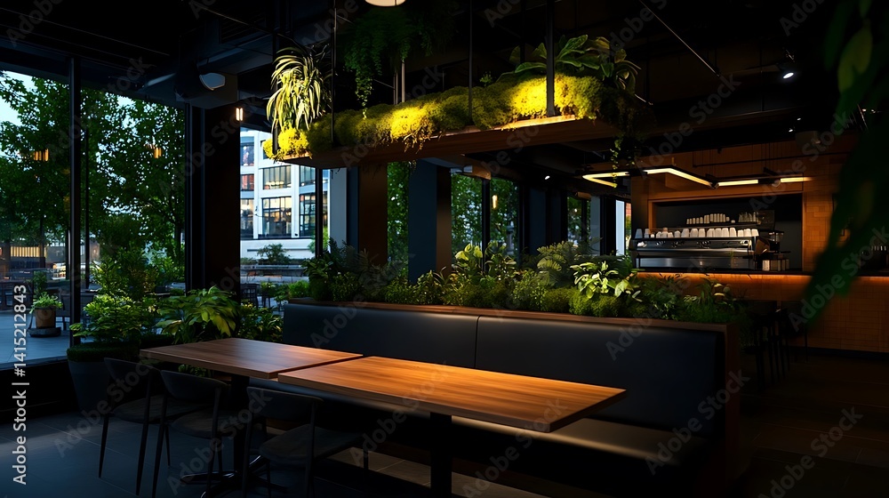 Fototapeta premium Urban eatery with lush, hanging greenery.