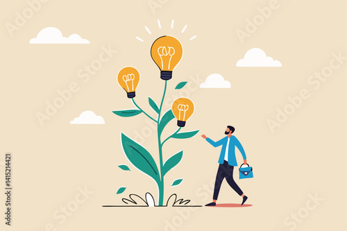 Planting new idea, growing business development, progress or growth strategy, solution, learning, education or creativity concept, smart businessman watering seedling grow high with lightbulb ideas.