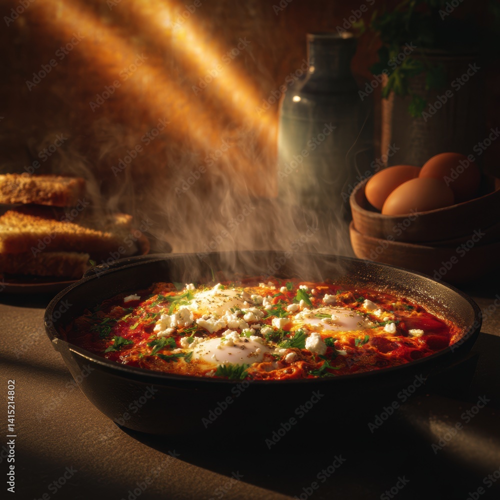 Delicious shakshuka breakfast with baked eggs and tomato sauce in cast iron pan home style food Delicious shakshuka breakfast with baked eggs and tomato sauce in cast iron pan home style food