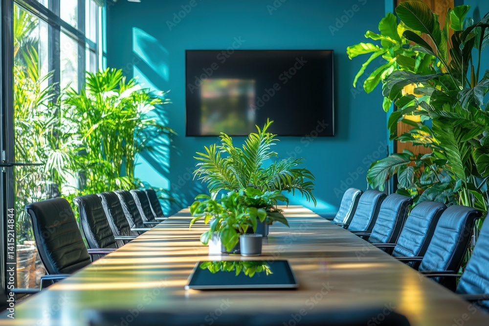 Modern conference room with natural light and lush plants creating a relaxing space