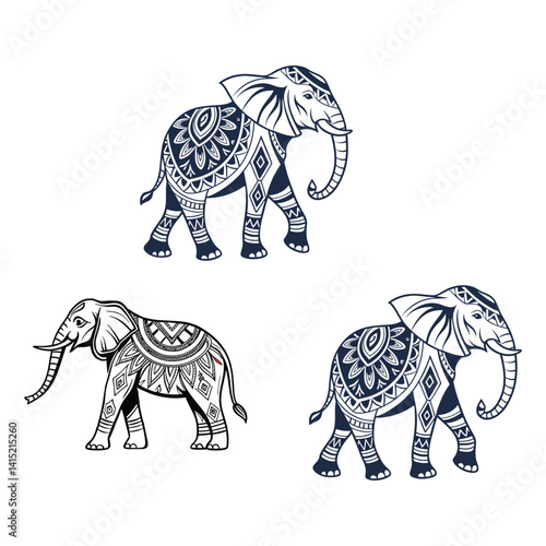 Wild mammal set with vector elephant illustration and animal silhouettes