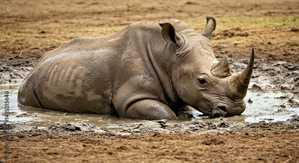 Obraz premium A White Rhinoceros enjoys wallowing in cool mud, partially submerged and happily covered in a thick layer. Natural cooling behavior for African wildlife.