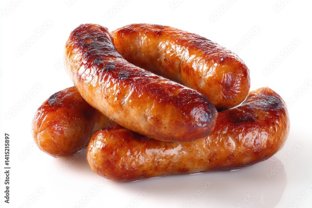 Grilled gourmet sausage pile on white reflecting background close up appetizing and delicious meal Grilled gourmet sausage pile on white reflecting background close up appetizing and delicious meal
