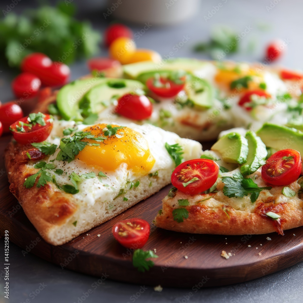 Delicious breakfast pizza with avocado fried egg and tomatoes on a wooden board presented closely Delicious breakfast pizza with avocado fried egg and tomatoes on a wooden board presented closely