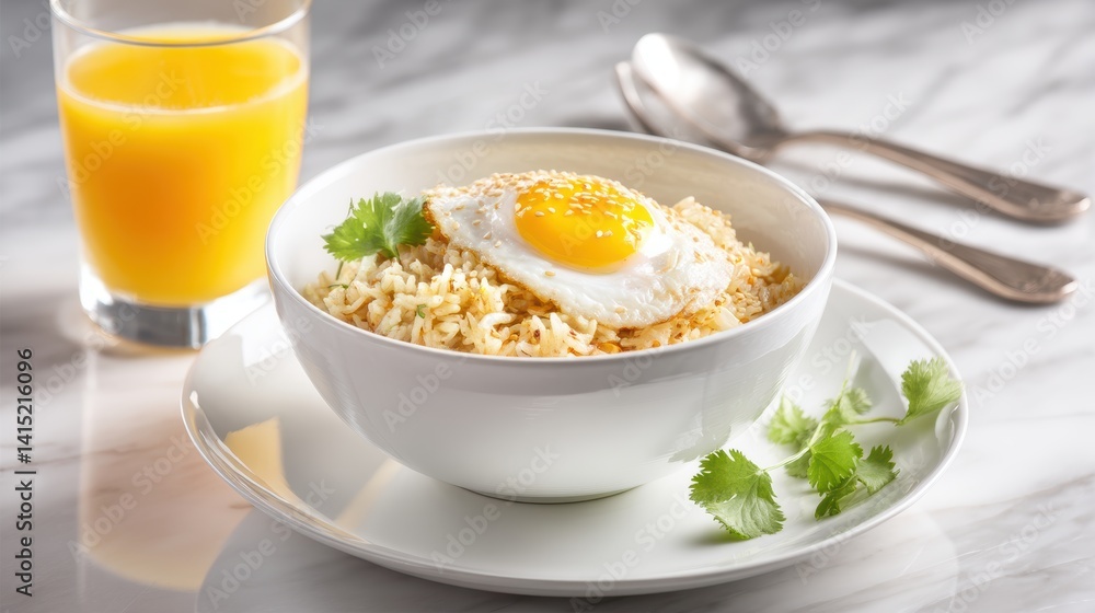 Sunny Side Up Egg Topping Rice Bowl Served with Orange Juice Breakfast Meal on Marble Table Sunny Side Up Egg Topping Rice Bowl Served with Orange Juice Breakfast Meal on Marble Table