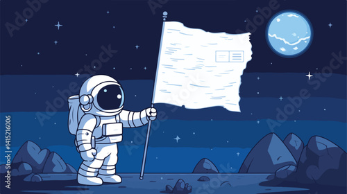 Cute Astronaut with White Flag on Moon, Space Man Floating | Adobe Stock