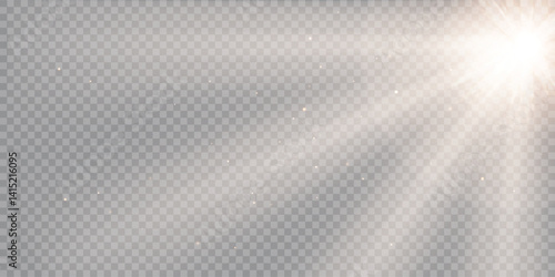 Sunlight effect on transparent png background. Gold rays and beam shining with bokeh glow effect. Summer sun light overlay, vector illustration.