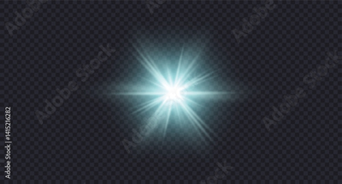 Realistic flashlight with bokeh effect on transparent background, glowing light burst with radiant beams and lens flare effect. Cyan energy explosion overlay for sci-fi, tech png moonlight bg.