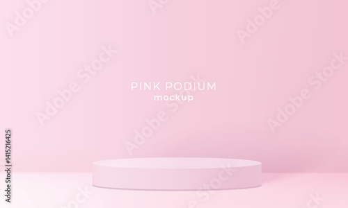 Pink podium in colored room, showcase for beauty, skincare, fashion. Realistic stage with shadow and soft light, vector illustration for branding or product presentation.