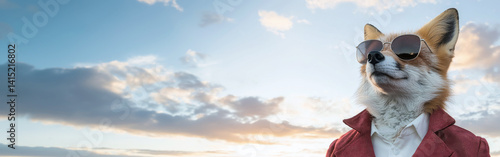 Fox with Sunglasses on Blue Sky with Clouds: Anthropomorphic Fox with Sunglasses and Red Jacket on Panoramic Sky Background – Conceptual Banner with Copy Space
