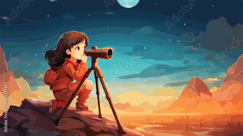 Adorable Little Girl with Telescope on Bright Background
