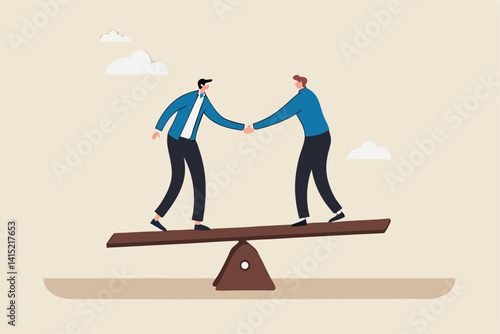 Negotiation for business winning, agreement or partnership deal for both benefit, merger and acquisition, professional talk concept, businessman handshake with success negotiation over balance seesaw.