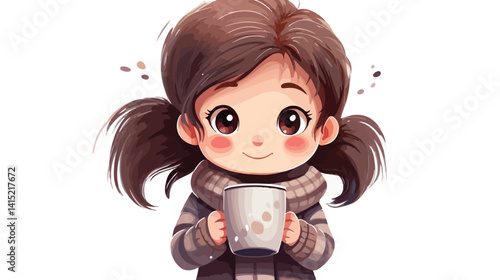 Adorable Little Girl Enjoying Hot Cocoa Drink on White Background