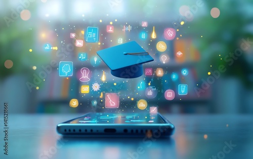 Online education, graduation cap on smartphone screen.