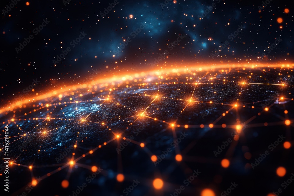 Connecting the world through a vibrant network of lights in a cosmic landscape at night