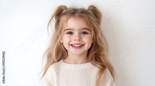 Smiling girl with pigtails.  Adorable child, happy face,  healthy smile