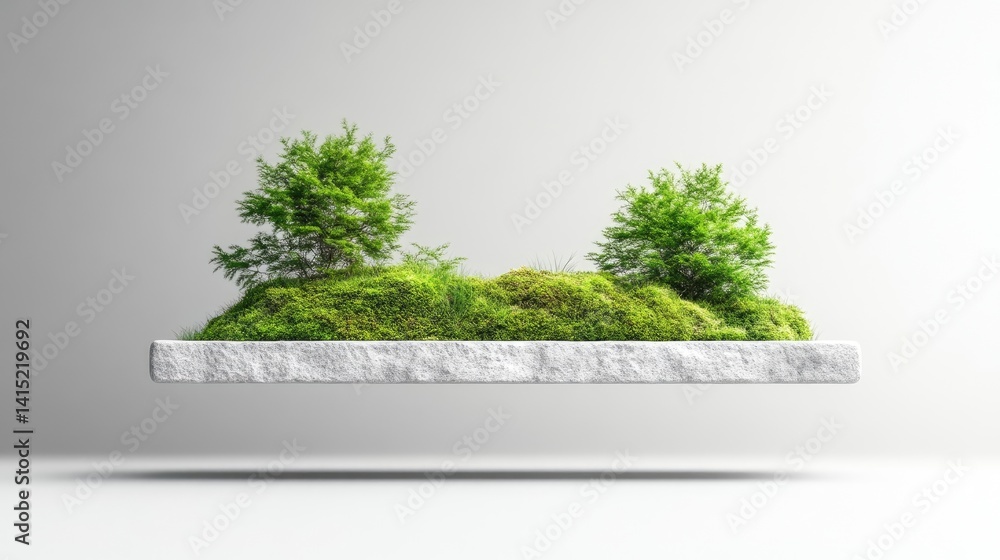 Obraz premium Floating, minimalist, nature scene on a light stone platform. Lush greenery, two small trees, and moss grow on a flat surface