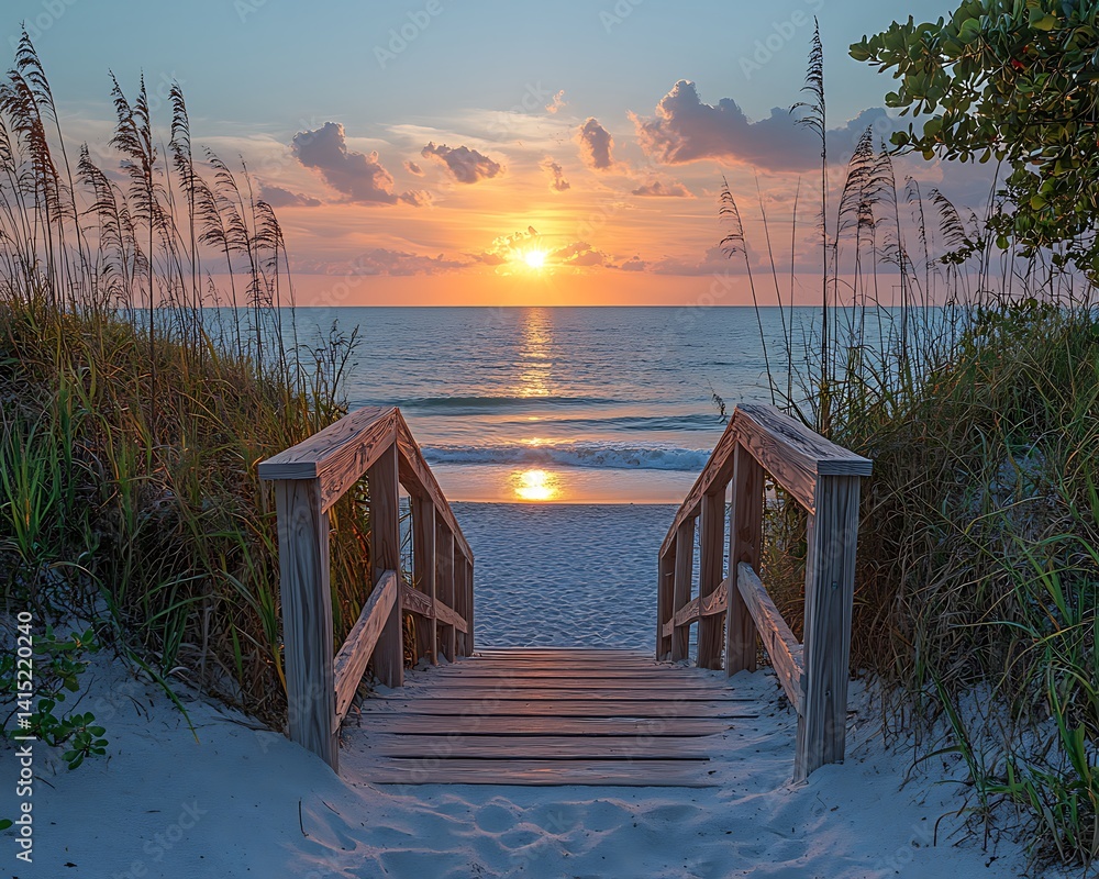Naklejka premium Beach Sunset Wooden Steps Pathway