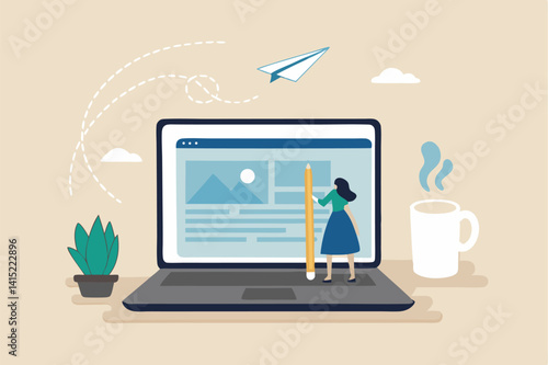 Content writer, blogger or bullet journal, publishing editor or writing article online, copywriter for advertising, freelance journalist concept, creative woman holding pencil with content on website.