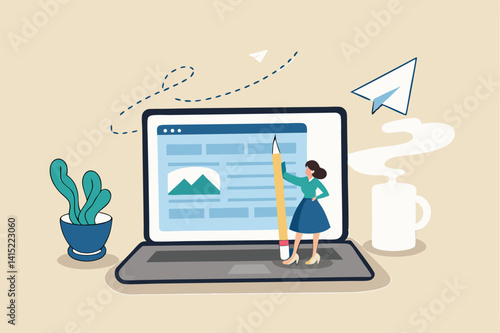 Content writer, blogger or bullet journal, publishing editor or writing article online, copywriter for advertising, freelance journalist concept, creative woman holding pencil with content on website.