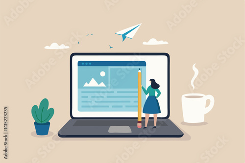Content writer, blogger or bullet journal, publishing editor or writing article online, copywriter for advertising, freelance journalist concept, creative woman holding pencil with content on website.