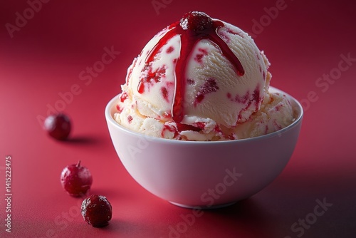 Delicious ice cream with raspberry drizzle and berries in a white bowl on red surface
