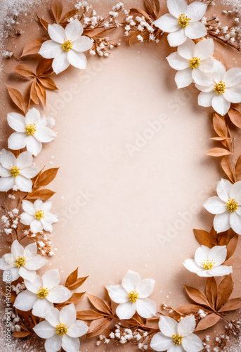Floral Frame with White Flowers and Brown Leaves