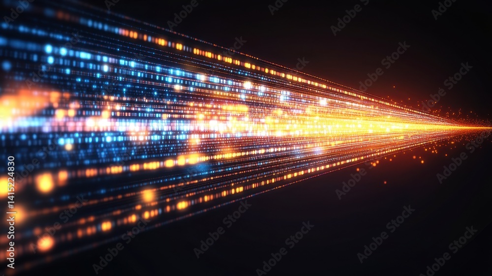 Abstract digital data stream, glowing particles, blue and orange hues, dark background, high speed motion effect.