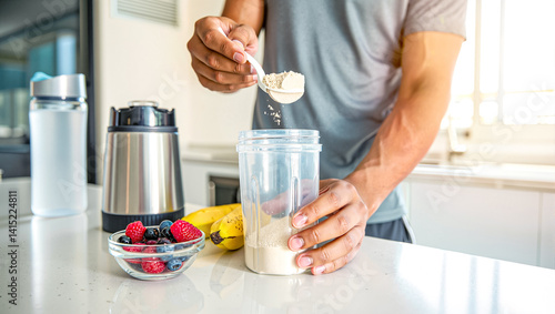 Man prepares protein shake: Hands add fitness supplement powder to shaker in bright kitchen for health and nutrition. Healthy lifestyle, workout recovery concept.