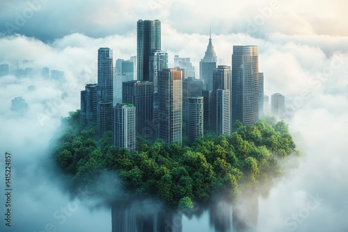 Obraz na płótnie Urban skyline emerges from dense fog over a lush, green island at dawn w salonie