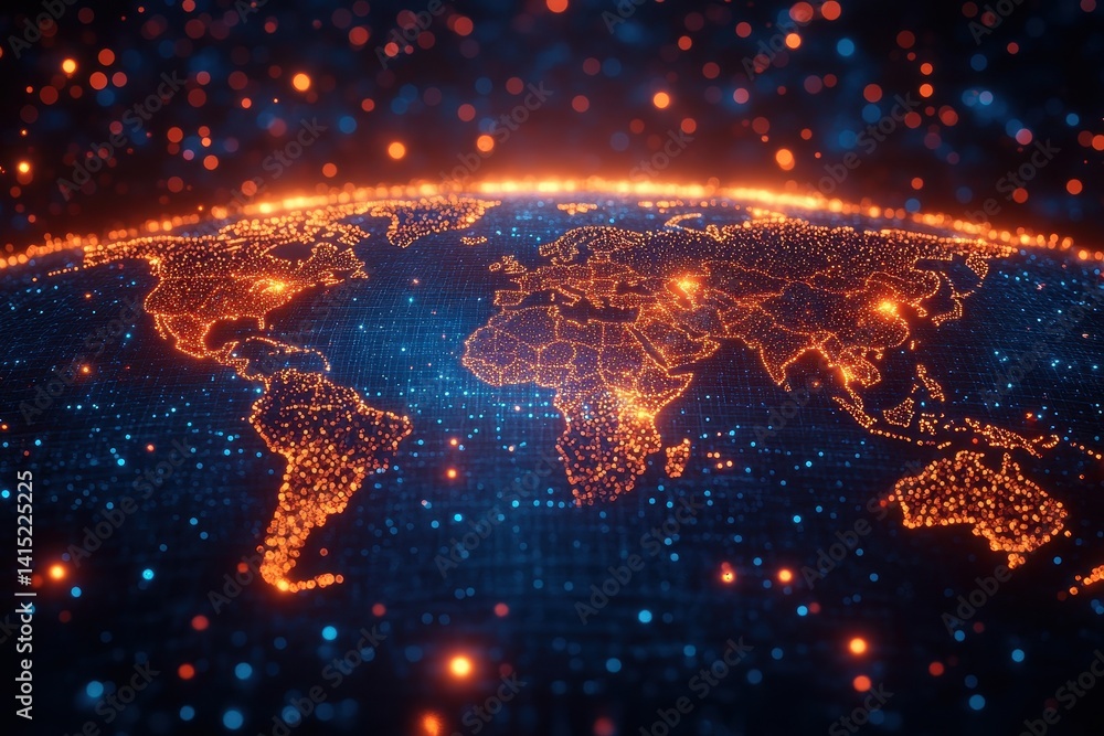 Vibrant depiction of a digital world map illuminated with glowing lights during night time