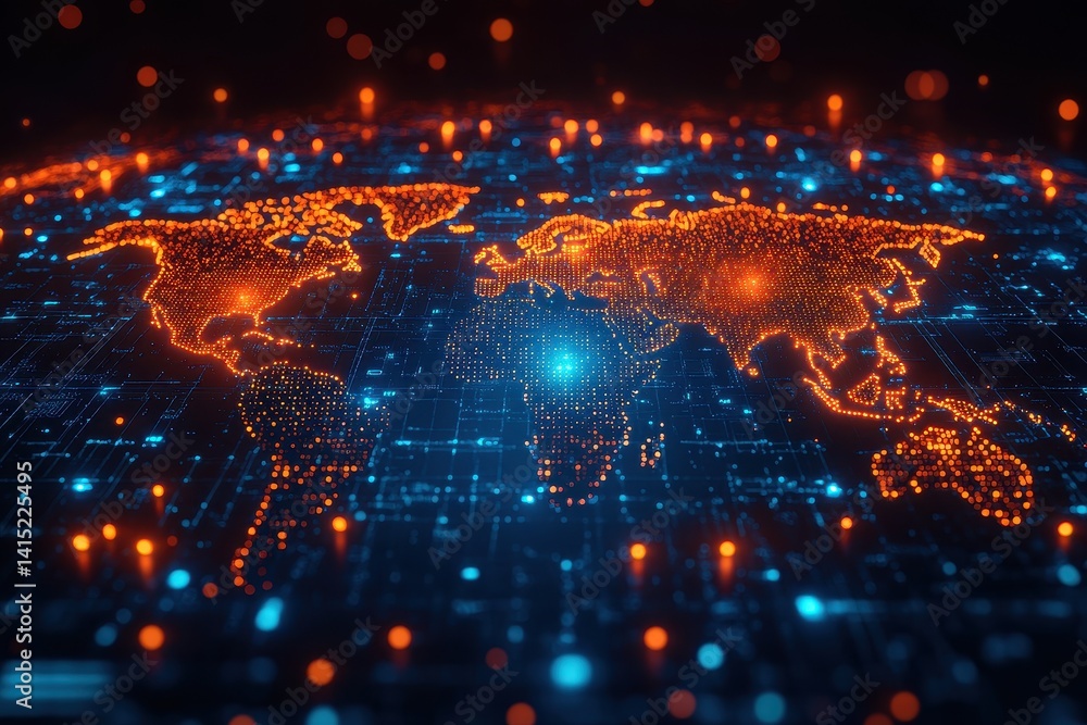 Digital map of the world illuminated by glowing orange and blue dots representing data connections