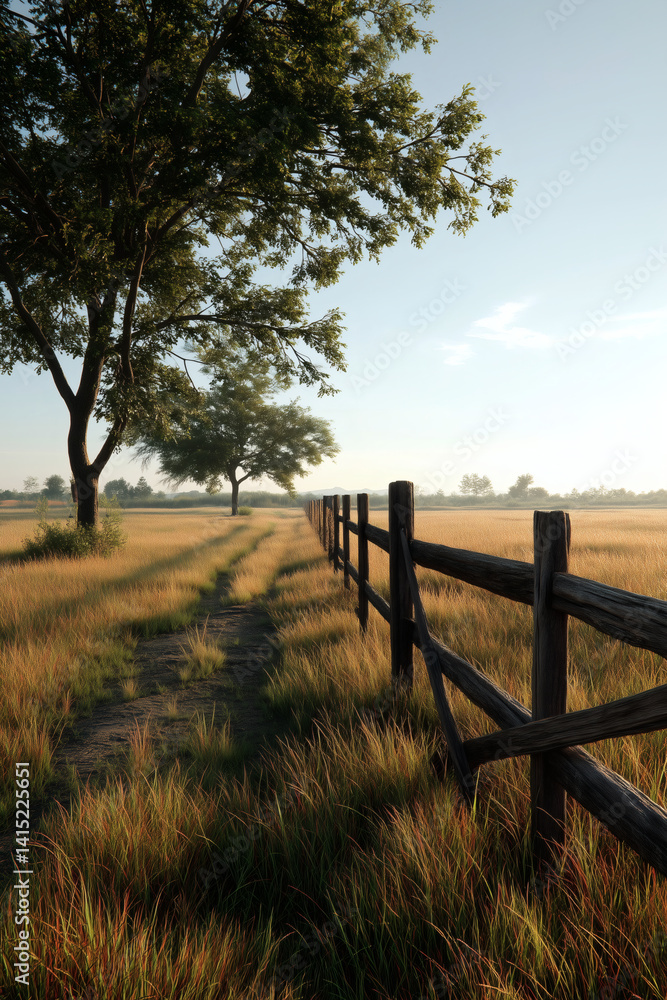 Obraz premium Golden field with a wooden fence under a sunny sky, nature's beauty. Tranquil countryside vista.