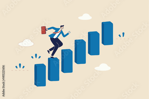 Career advancement, development or business growth, progress to more responsibility, salary or job promotion, improvement opportunity concept, success businessman step up growing bar graph stairs.