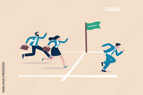 Go extra miles or extra step ahead the goal, push more effort to ensure succeed, exceed or beyond expectation, dedication concept, businessman running extra mile from finish line to ensure success.
