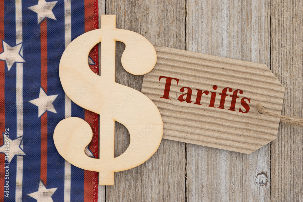 Tariffs with dollar sign and price tag with retro USA red, white and blue stars