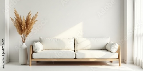 Serene Minimalist Living Room Interior Design Featuring a Comfortable White Sofa and Elegant Dried Pampas Grass Arrangement in a Sleek Vase