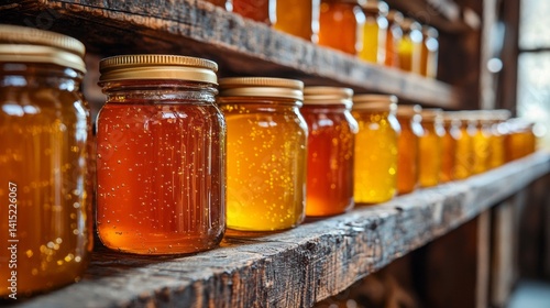 A row of jars filled with honey on a wooden shelf