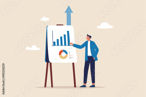 Present company growth, boost profit or increase revenue, success investment or growing sales, report or improvement statistics concept, businessman present graph with high improvement bar chart.